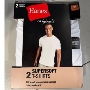 Hanes Originals Ultimate Supersoft 2 Pack White T-Shirts Men's M Slim 1110